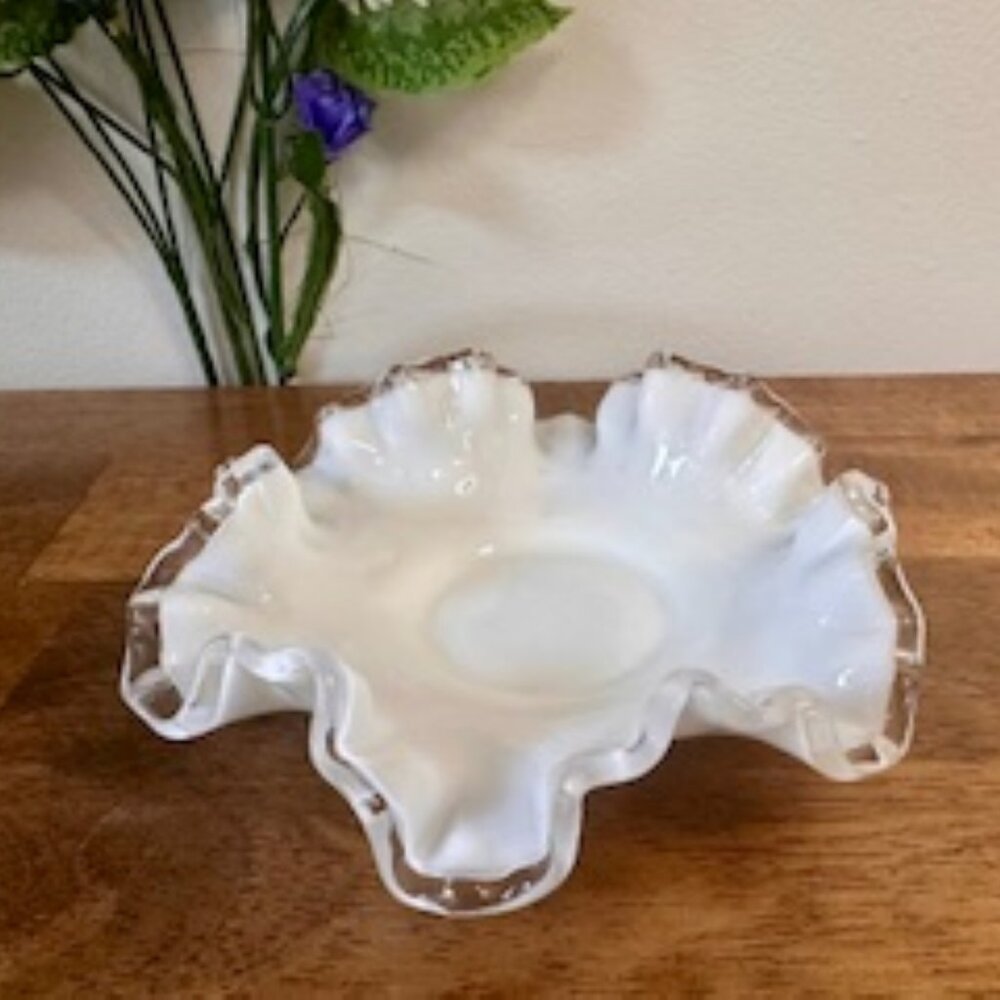 Fenton Silver Crest White Milk Glass Ruffle Edge Bowl Vintage Collectible Dish